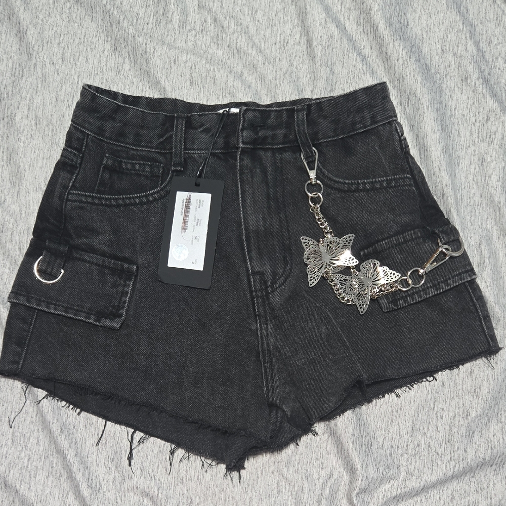Elegant Black Denim Shorts with Butterfly Accent